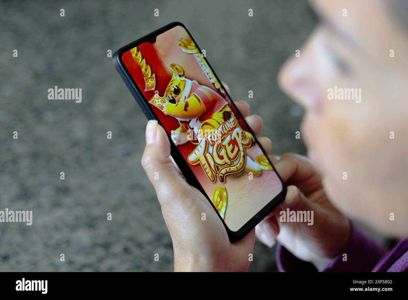 Ivinhema (MS), 07/2024 - Pessoa jogando o o Fortune Tiger, também chamado de Jogo do Tigrinho kein Smartphone. Organizações kriminosas estariam usando Stockfoto