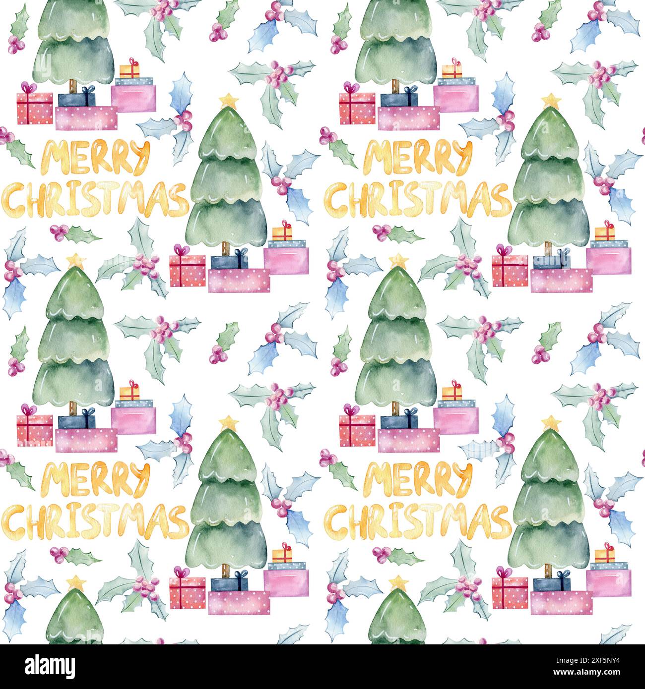 Aquarell Winter nahtlose Muster mit weihnachtsbäumen. Stockfoto