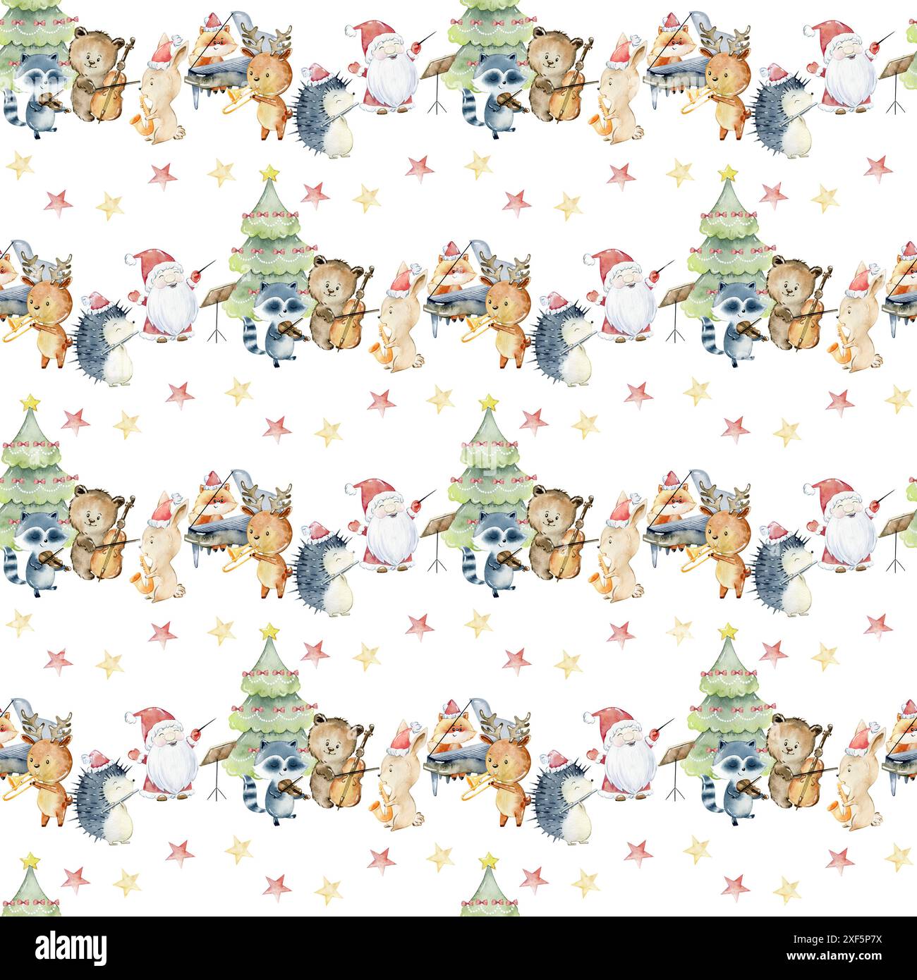 Aquarell weihnachten nahtlose Muster mit Tieren spielen Musikinstrumente. Stockfoto