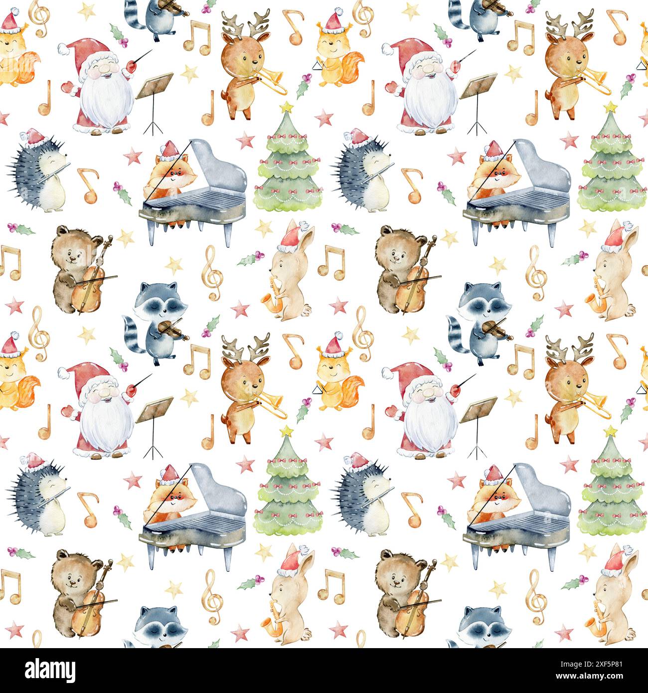Aquarell weihnachten nahtlose Muster mit Tieren spielen Musikinstrumente. Stockfoto