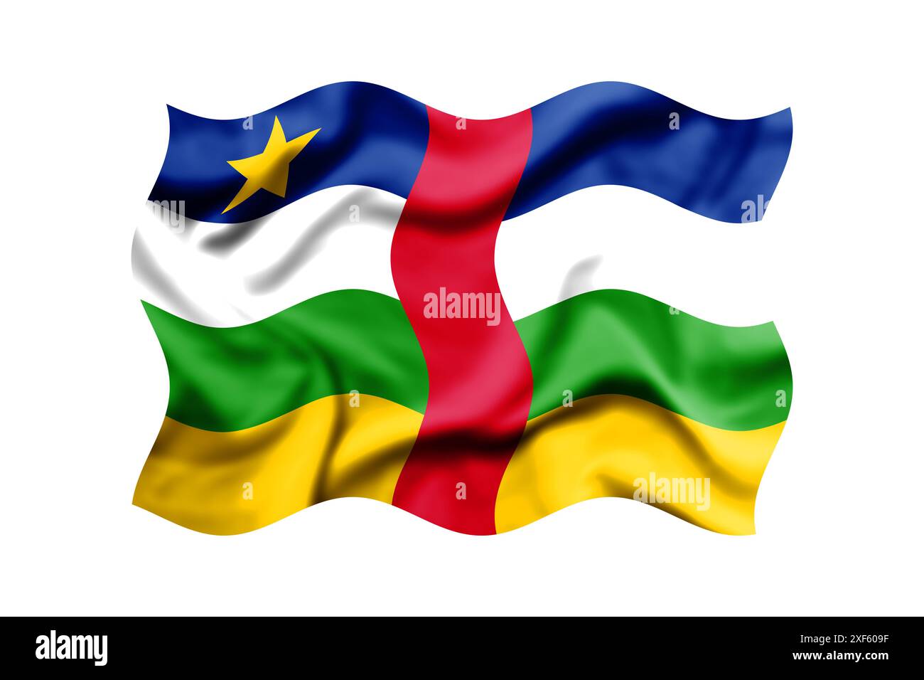 Die Flagge der Zentralafrikanischen Republik auf weißem Hintergrund schwenken. 3D-Rendering. Beschneidungspfad Enthalten Stockfoto