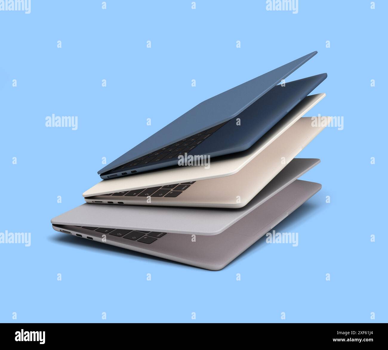 Neue Präsentationen in verschiedenen Farben für offene Laptops fliegen in der Luft 3D-Rendering auf Blau Stockfoto