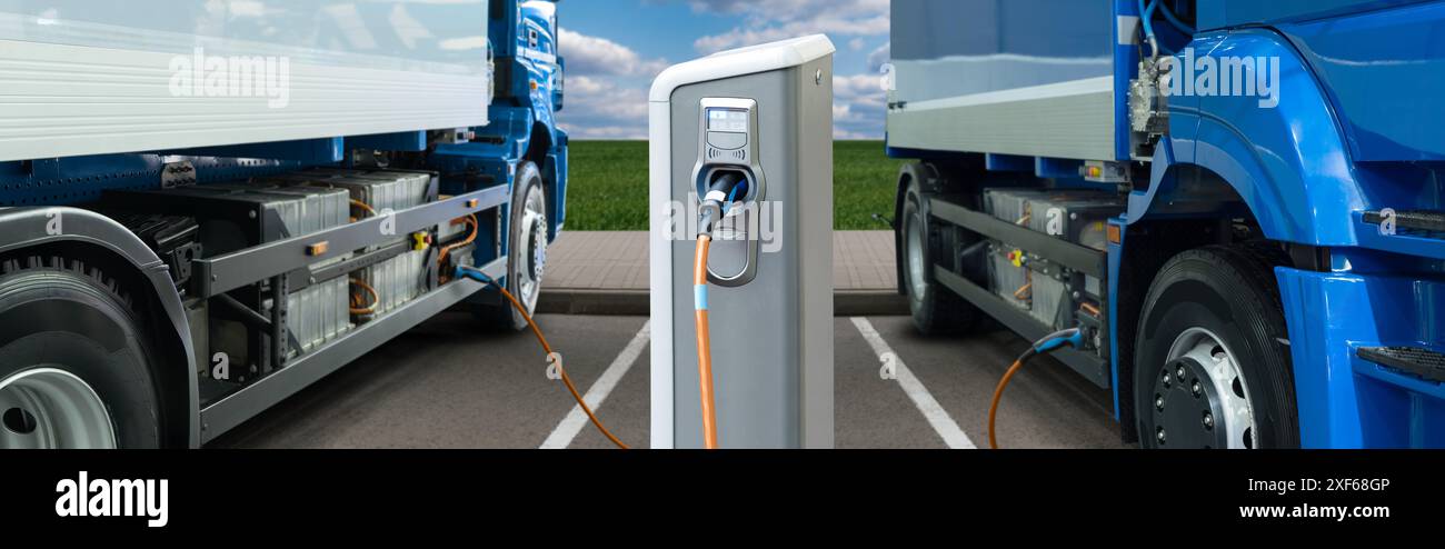 Die Batterien von Elektrofahrzeugen werden über die Ladestation geladen. Konzept... Stockfoto