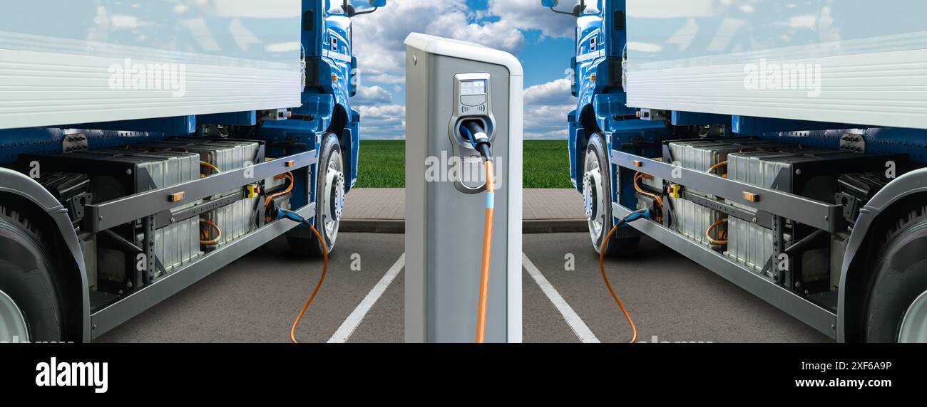 Die Batterien von Elektrofahrzeugen werden über die Ladestation geladen. Konzept... Stockfoto