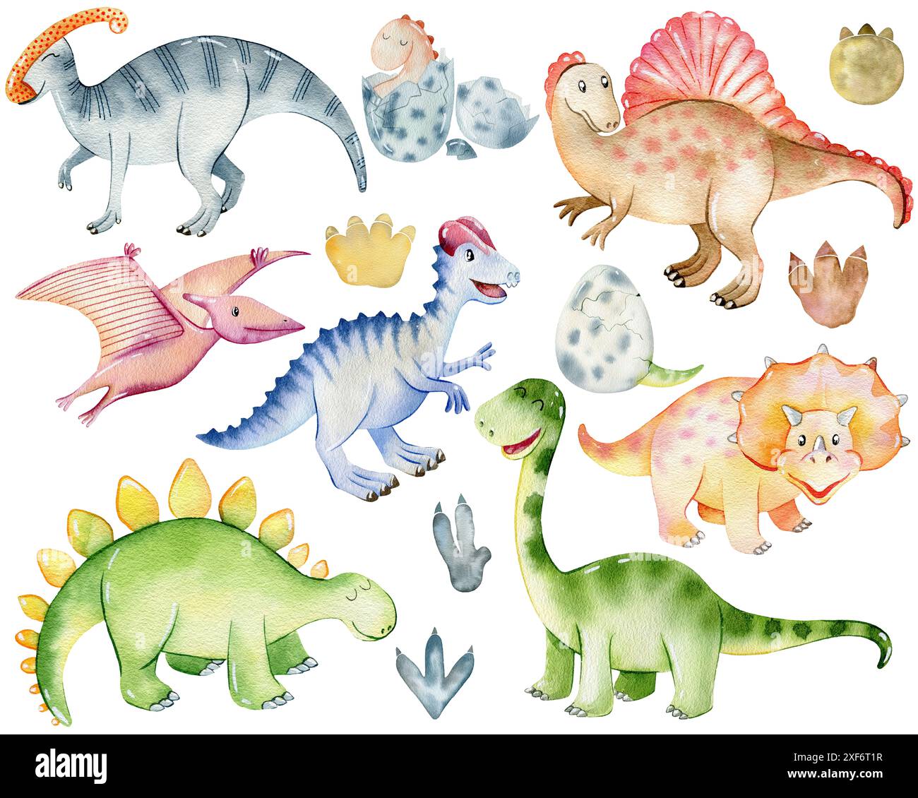 Niedliche Dinosaurier in Aquarellfarben. Handgezeichnete Abbildung Stockfoto