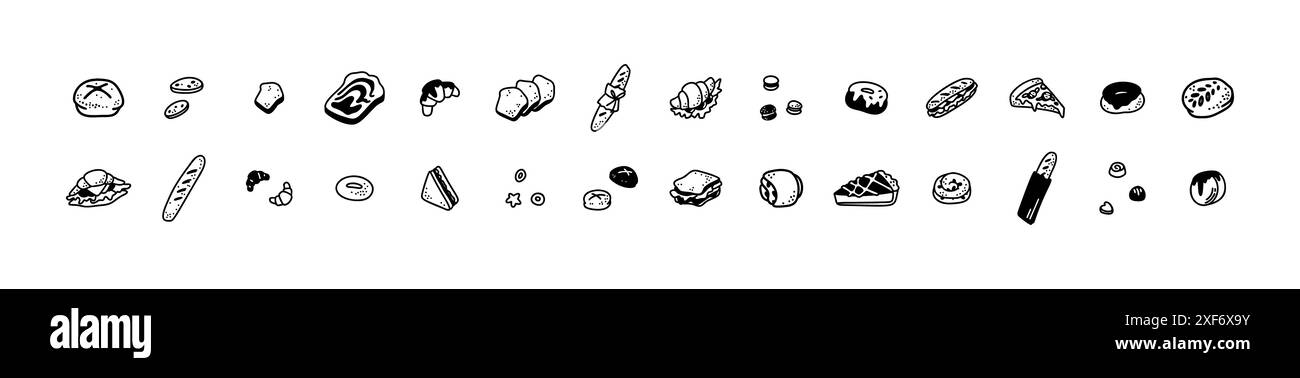 Französische Konditorei mit minimalistischen Ikonen. Desserts, Bäckerei, Schokolade, niedliche Linien-Design-Elemente. Croissant, Baguette, Stück Kuchen Vektor-Skizzen Zeichnungen. B Stock Vektor