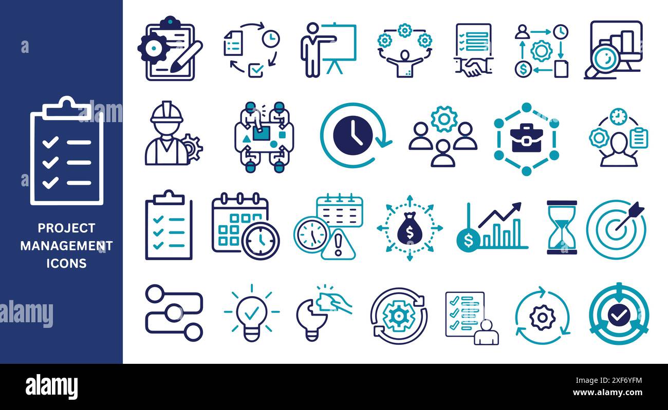 Symbolgruppe „Project Management“. Ideen, Zeitmanagement, Planung und vieles mehr. Vektorabbildung. Stock Vektor