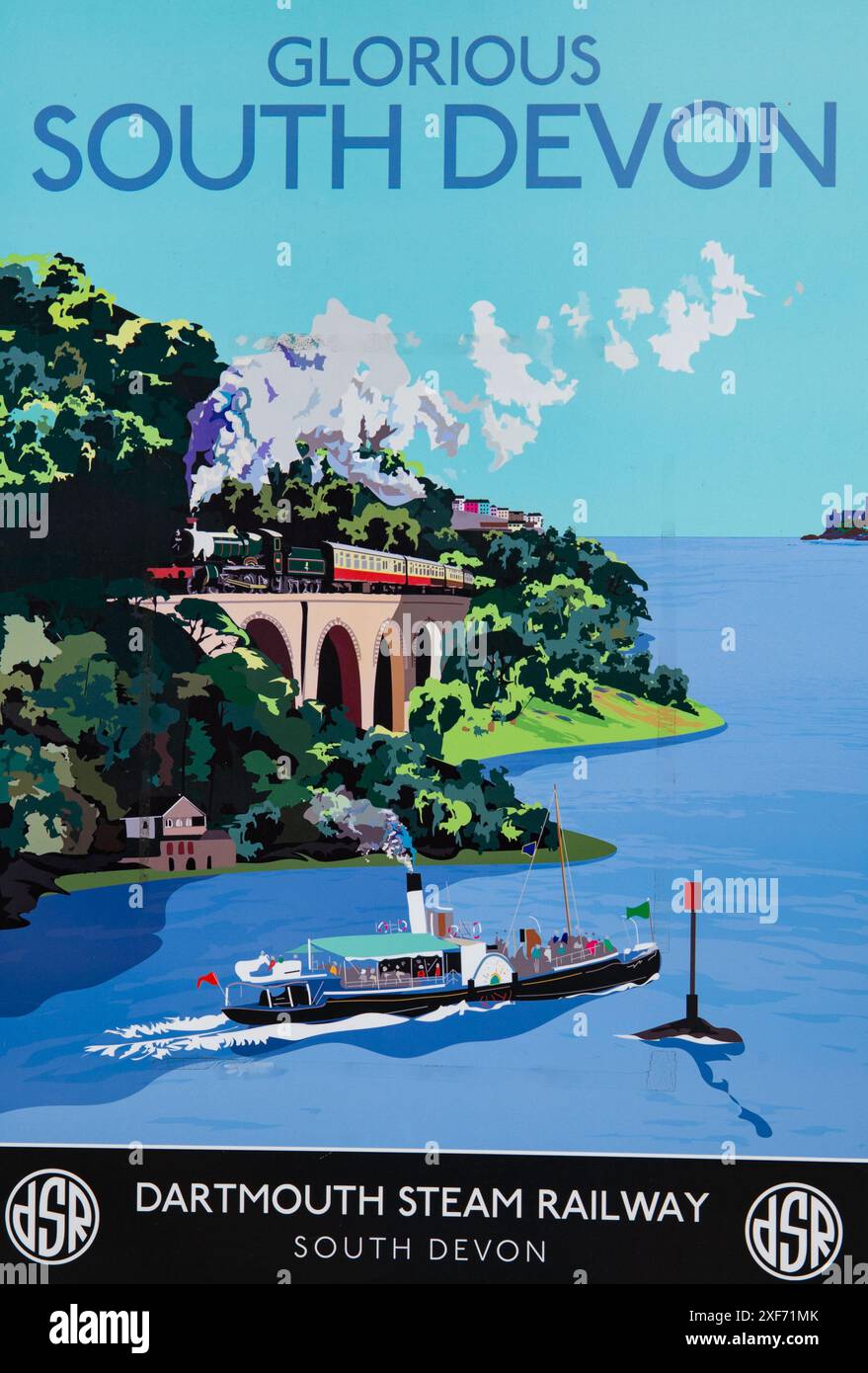 Vintage-Reiseplakat mit der Dartmouth Steam Railway in South Devon mit einem Schiff im Vordergrund Stockfoto Vintage-Reiseplakat mit der Dartmouth Steam Railway in South Devon mit einem Schiff im Vordergrund Stockfoto