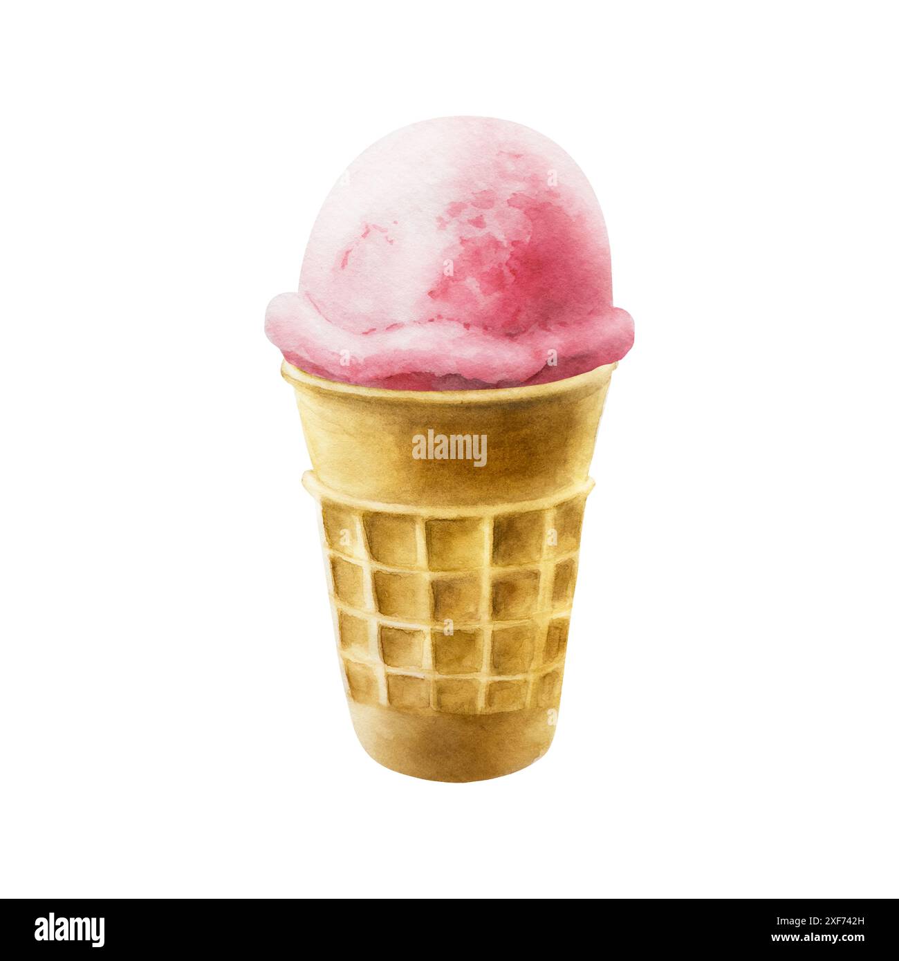 Eine Schaufel Erdbeere, Himbeereis in knuspriger Waffelschale. Handmalerei süße Aquarellillustration isoliert auf Hintergrund. Für Designer, Herren Stockfoto