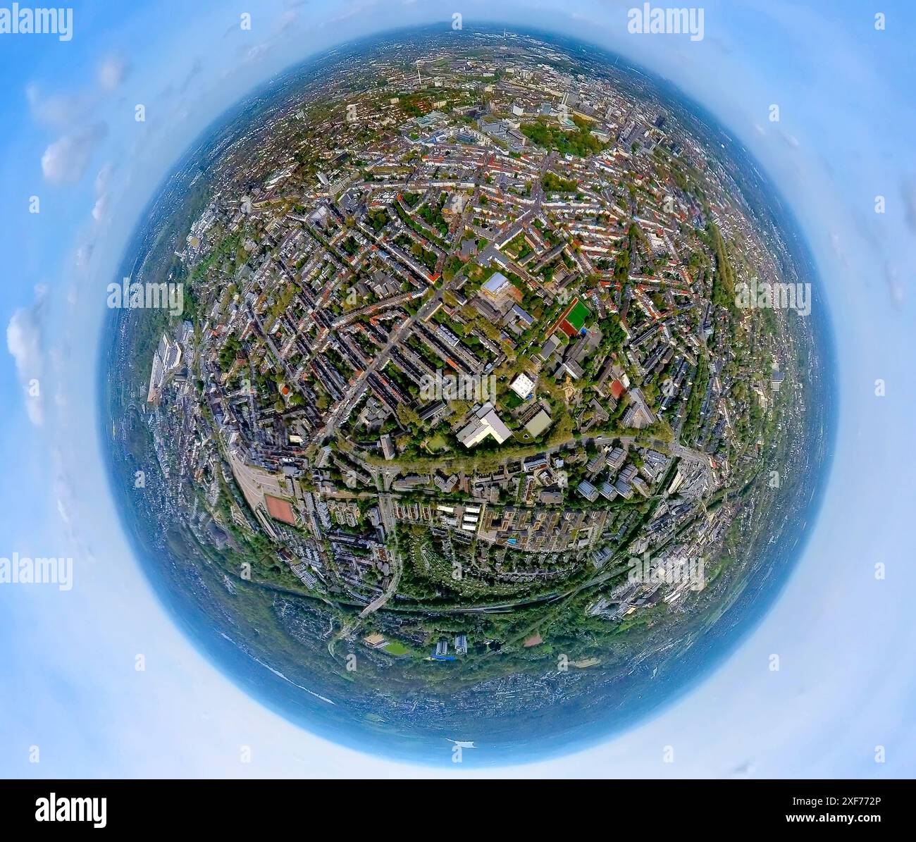 Luftaufnahme, Wohngebiet, Ortssicht, Stadtteil Rüttenscheid, Erdkugel, Fischaugenbild, 360 Grad-Bild, winzige Welt, kleiner Planet, Rüttenschei Stockfoto