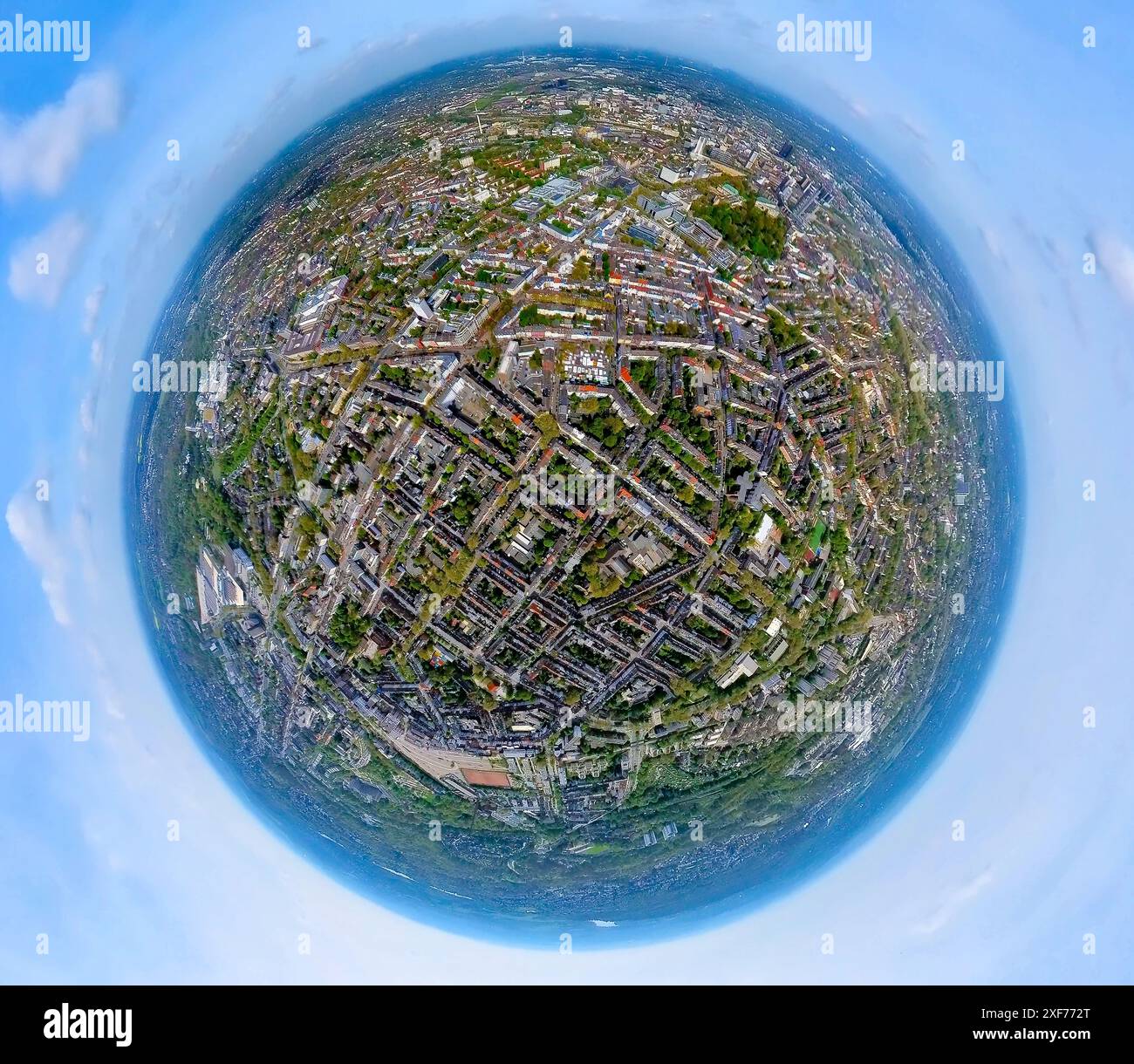 Luftaufnahme, Wohngebiet, Ortssicht, Stadtteil Rüttenscheid, Erdkugel, Fischaugenbild, 360 Grad-Bild, winzige Welt, kleiner Planet, Rüttenschei Stockfoto