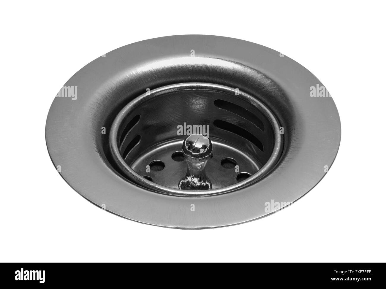 Kleiner Abfluss für Waschbecken, Ausschnitt auf weiß. Stockfoto