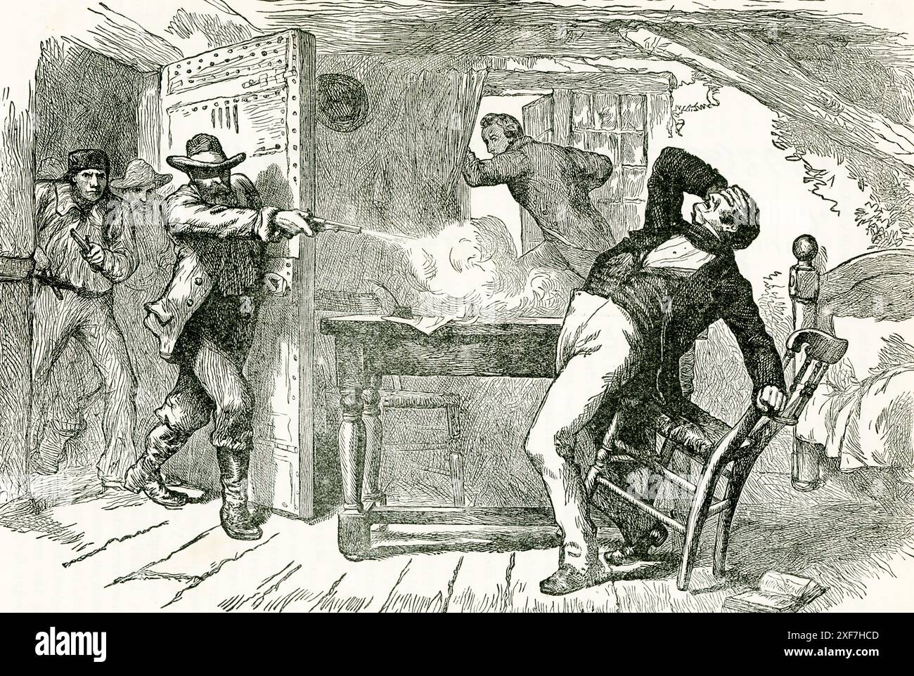 Joseph Smith, der Gründer und Führer der Kirche Jesu Christi der Heiligen der Letzten Tage (besser bekannt als Mormonismus), wurde zusammen mit seinem Bruder Hyrum ermordet, als am 27. Juni 1844 ein Mob in ein Gefängnis einbrach, in dem die beiden in Carthage, Illinois, festgehalten wurden. Anfang des Jahres hatte Smith seine Kandidatur für die Präsidentschaft der Vereinigten Staaten angekündigt. Eine Gruppe von abweichenden Heiligen der Letzten Tage begann, eine Zeitung zu veröffentlichen, die der Praxis der Polygamie und der Führung Smiths sehr kritisch gegenüberstand; Smith ließ die Presse zerstören. Die darauf folgende Gewaltandrohung veranlasste Smith, zu rufen Stockfoto