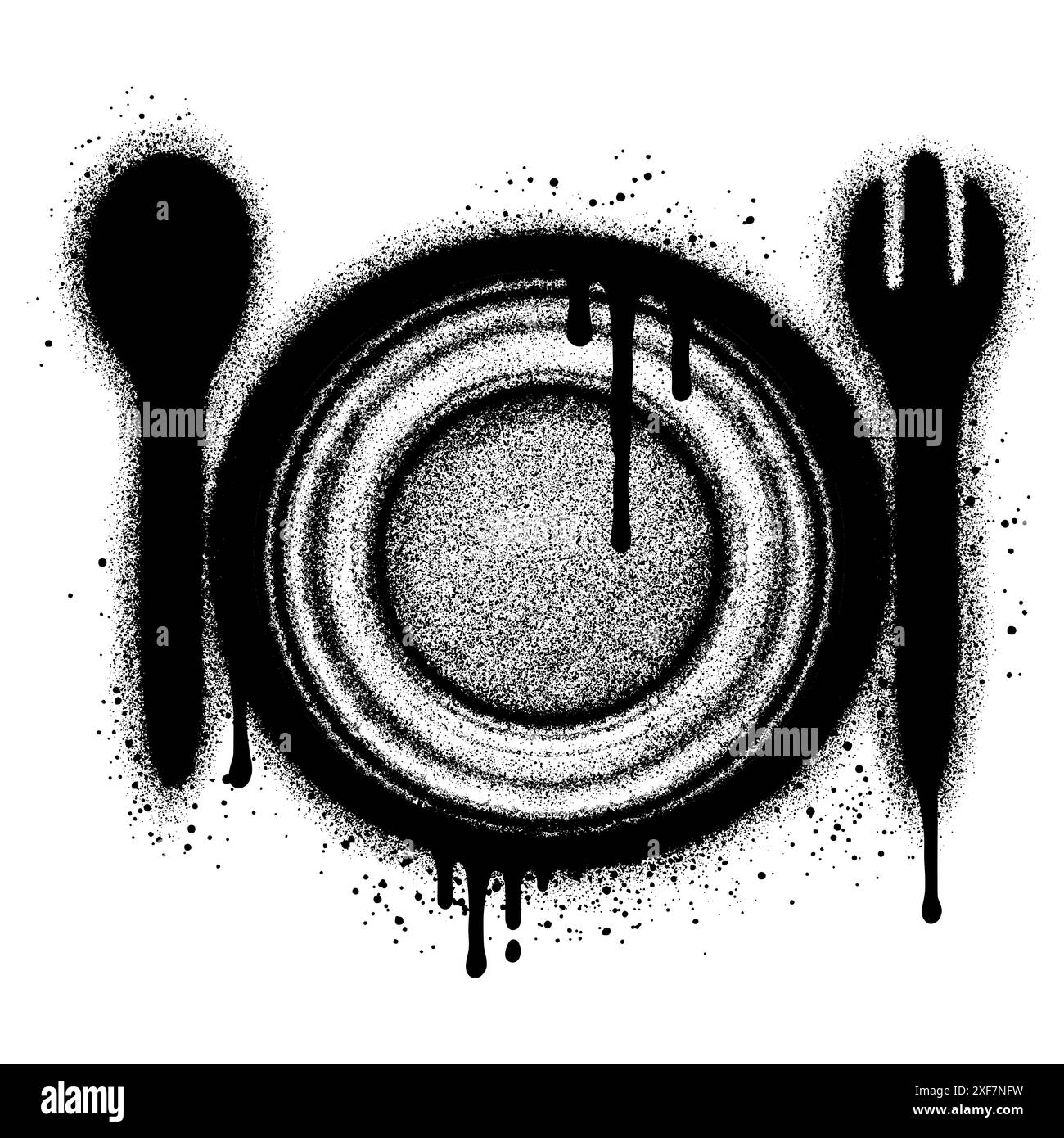 Teller, Löffel und Gabel Graffiti mit schwarzer Sprühfarbe. Vektorabbildung. Stock Vektor