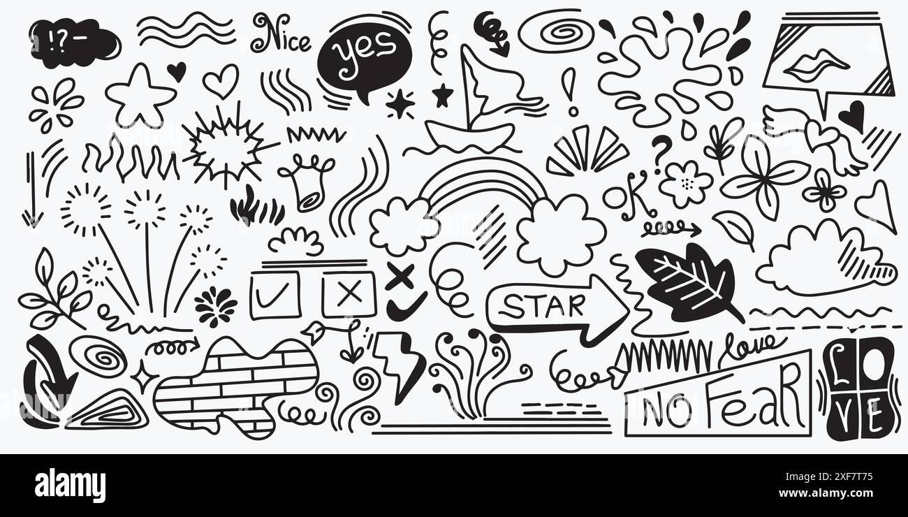 Set von niedlichen Doodle Element Vektor. Handgezeichneter Pfeil, Herz, Betonung, Blitz, Blätter, Sprechblase, Unterstreichen, Funkeln. Vektorillustrat Stock Vektor