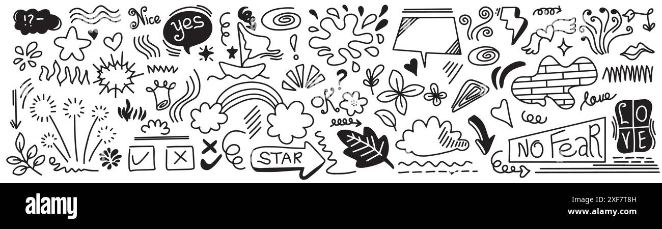 Set von niedlichen Doodle Element Vektor. Handgezeichneter Pfeil, Herz, Betonung, Blitz, Blätter, Sprechblase, Unterstreichen, Funkeln. Stock Vektor