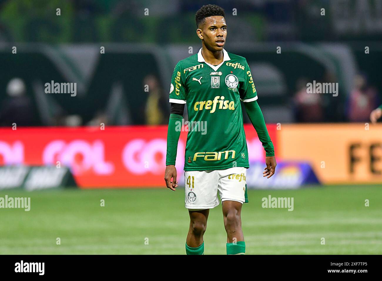 São Paulo (SP), 07/2024 - Fußball/PALMEIRAS X CORINTHIANS - Estevão aus Palmeiras - Spiel zwischen PALMEIRAS X CORINTHIANS, gültig für die dreizehnte Runde der brasilianischen Meisterschaft, die in der Allianz Parque Arena in São Paulo am Abend dieses montag, 01. (Foto: Eduardo Carmim/Alamy Live News) Stockfoto