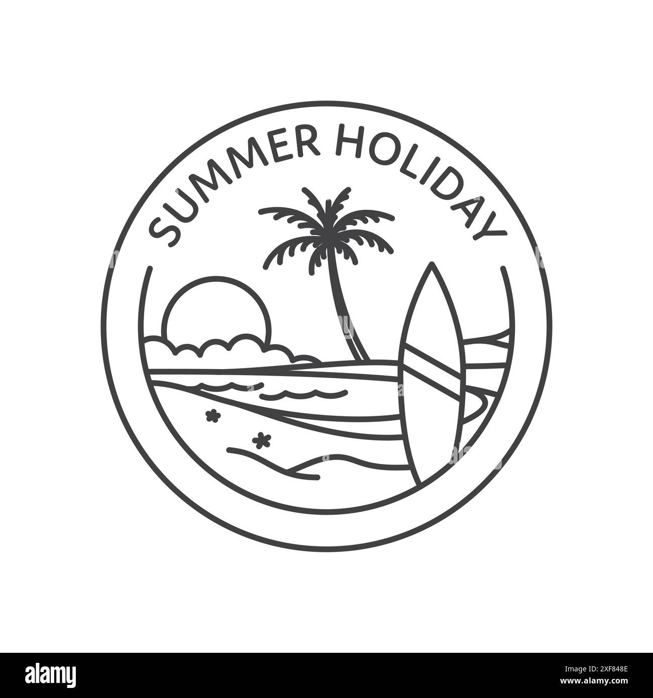 Stempellogo im Strichart-Stil. Sommerurlaubskonzept mit Surfbrettern und Palmen Stock Vektor