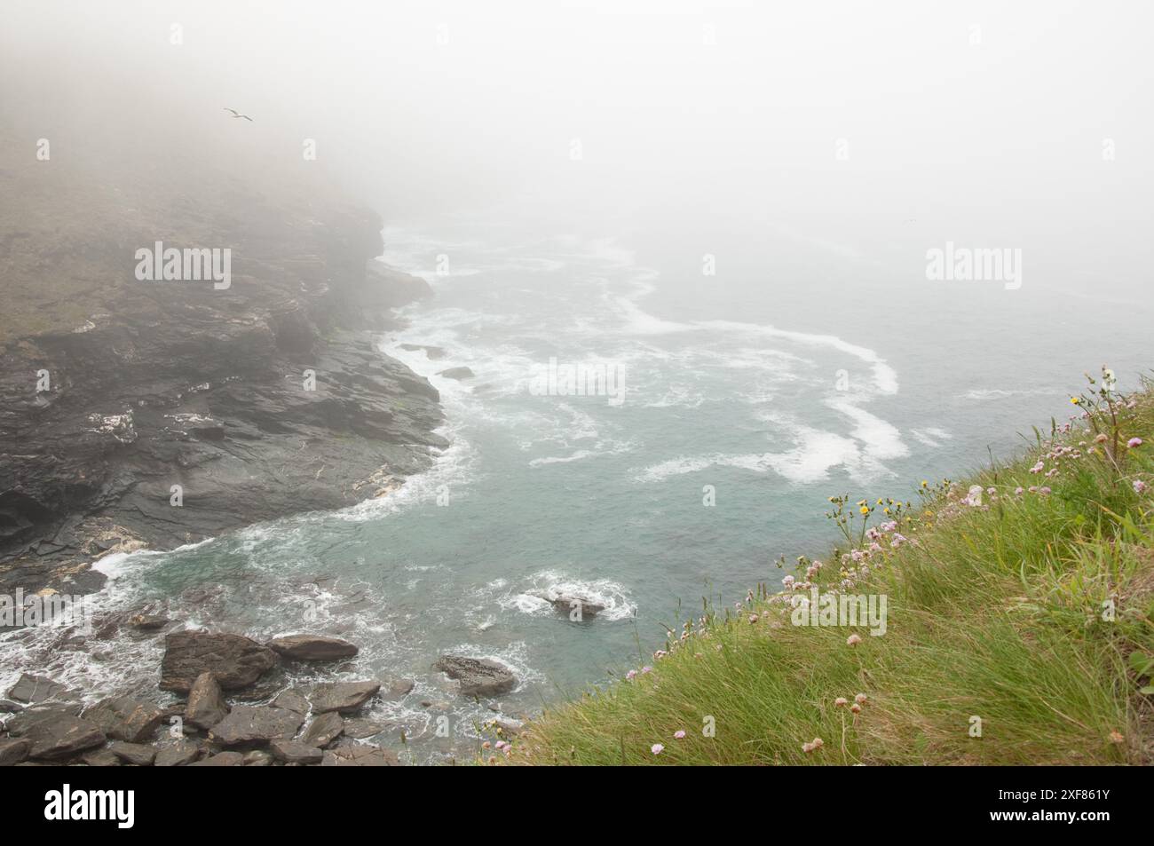 Küste mit Sea Fret, Tintagel, Cornwall, Großbritannien - Sea Fret fügt dem angeblichen Ort von King Arthur's Castle und The Round Table ein Rätsel hinzu. Die Überreste Stockfoto