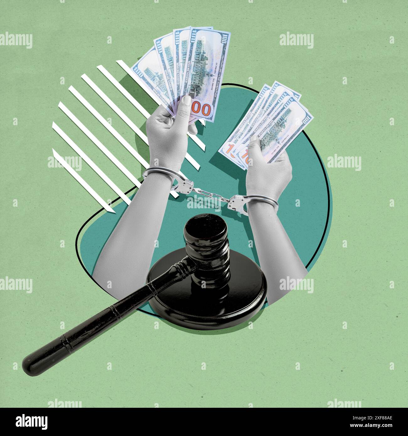 Hände in Handschellen halten Bestechungsgeld mit einem Hammer darunter, in einer Collage, die die Konzepte von Verbrechen, Korruption und Gerechtigkeit hervorhebt Stockfoto