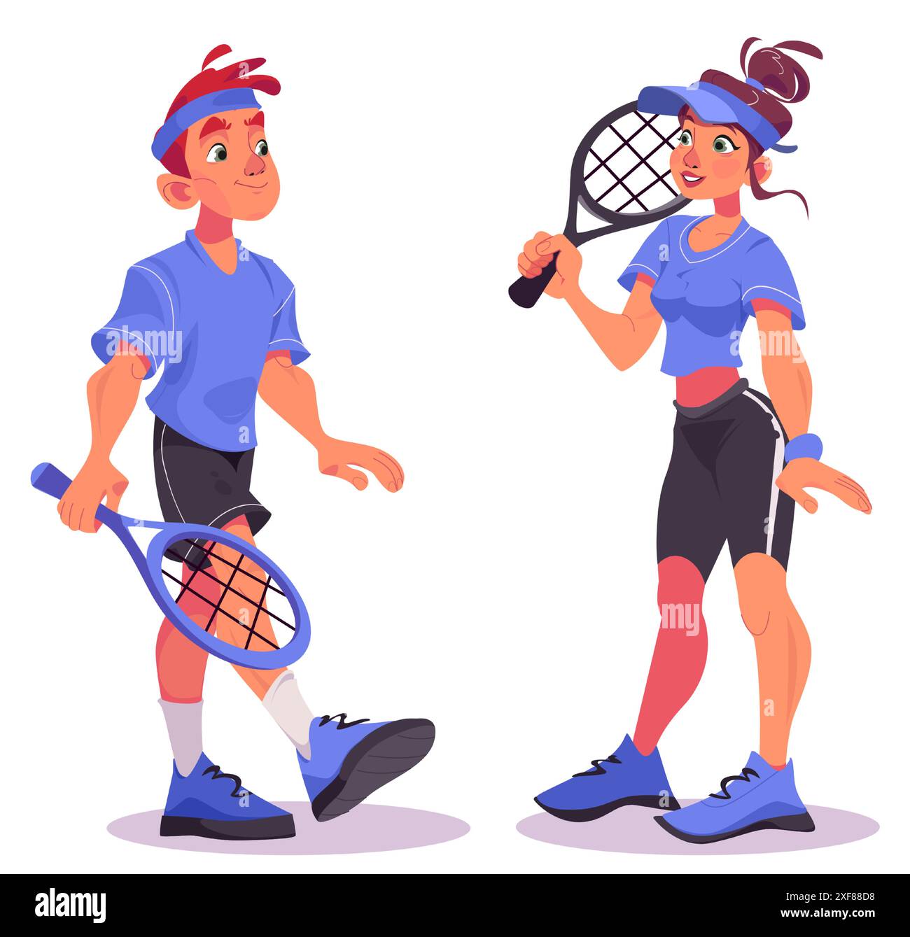 Tennisspieler-Charakterset - junger, lächelnder Mann und Frau in Sportkleidung mit Schläger. Karikaturvektor-Illustration des männlichen und weiblichen Athleten während des Trainings oder Wettkampfs. Sportlerin spielt Match. Stock Vektor