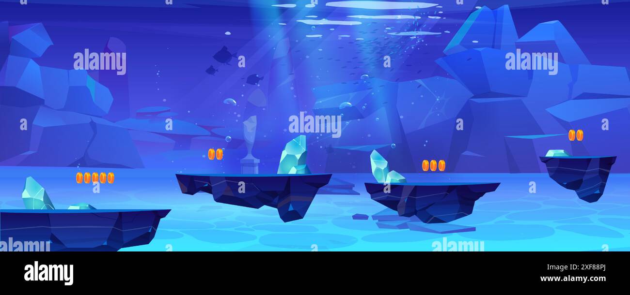 Unterwasserspiel-Level-Karte mit schwimmender Bodenplattform zum Springen und Sammeln von Goldmünzen. Cartoon Vektor-Illustration der gui aquatischen Landschaft. Blaue Unterwasserlandschaft für Abenteuer-Videospiele. Stock Vektor
