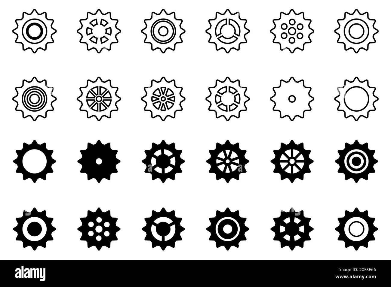Symbolsatz Gänge. Symbol „Einstellen der Gänge“. Sammlung mechanischer Zahnräder. Weißer Hintergrund. Vektorillustration mit schwarzen Kettenradsymbolen Design el Stock Vektor