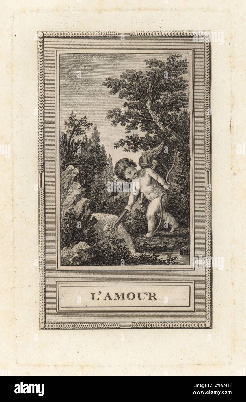 Eros, griechischer Gott der Liebe, mit Fackel, Bogen und Pfeilen, neben einem Fluss. Cupid in der römischen Mythologie. L'Amour. Kupferstich von Simon nach einem Entwurf von Etienne-Pierre-Adrien Gois, Bildhauer des Königs, aus Sylvain Marechals Le Pantheon, ou les Figures de la Fable, Chez Simon, 16 rue Pagevin, Paris, 1787. Stockfoto Eros, griechischer Gott der Liebe, mit Fackel, Bogen und Pfeilen, neben einem Fluss. Cupid in der römischen Mythologie. L'Amour. Kupferstich von Simon nach einem Entwurf von Etienne-Pierre-Adrien Gois, Bildhauer des Königs, aus Sylvain Marechals Le Pantheon, ou les Figures de la Fable, Chez Simon, 16 rue Pagevin, Paris, 1787. Stockfoto