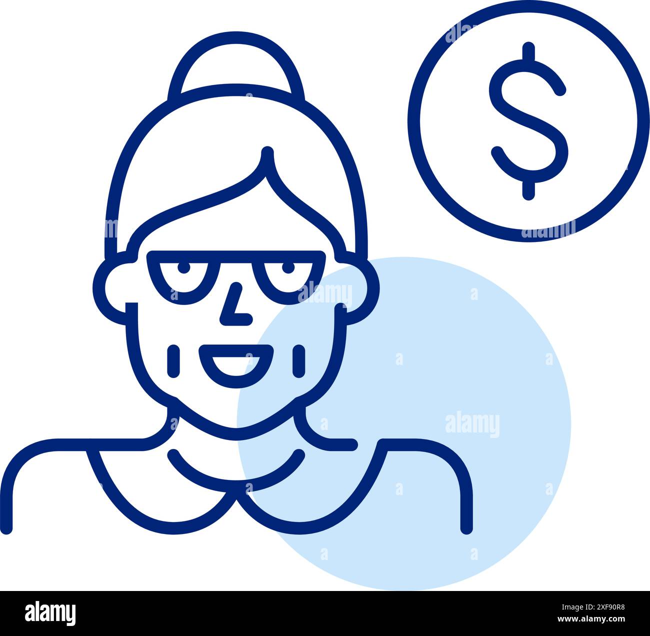 Ältere Frau mit Brötchen in Brille und Dollarzeichen. Senioreneinkommen, Spareinlagen und Altersvorsorgepläne. Symbol für Pixelperfekte, bearbeitbare Kontur Stock Vektor