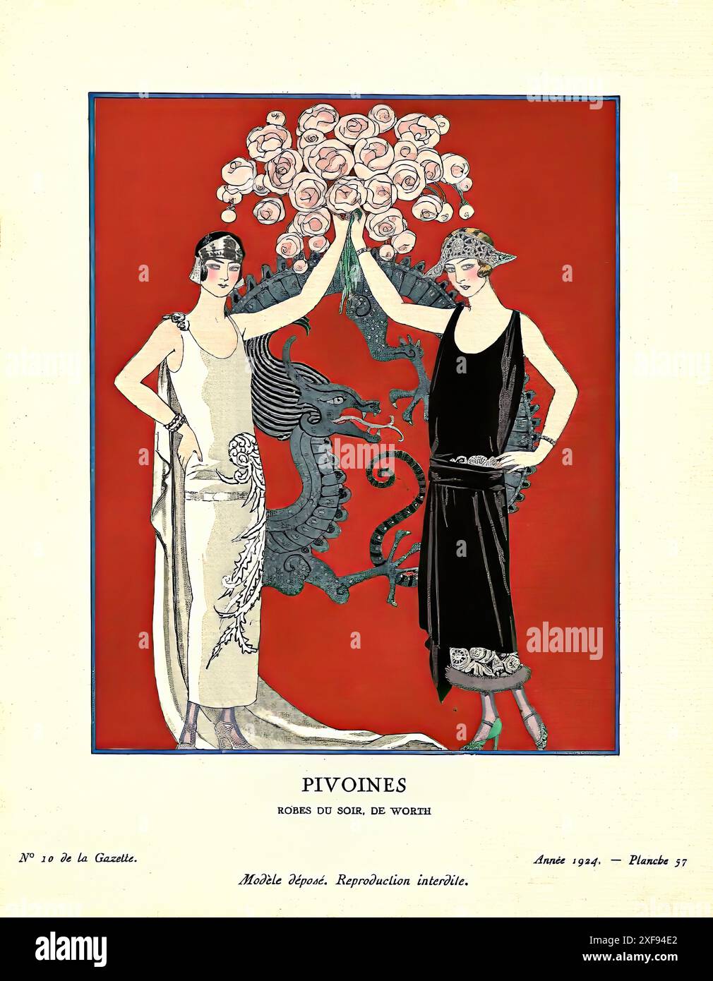 BARBIER George Pivoines Robes du soir de Worth Gazette du Bon-Ton 1924 Stockfoto