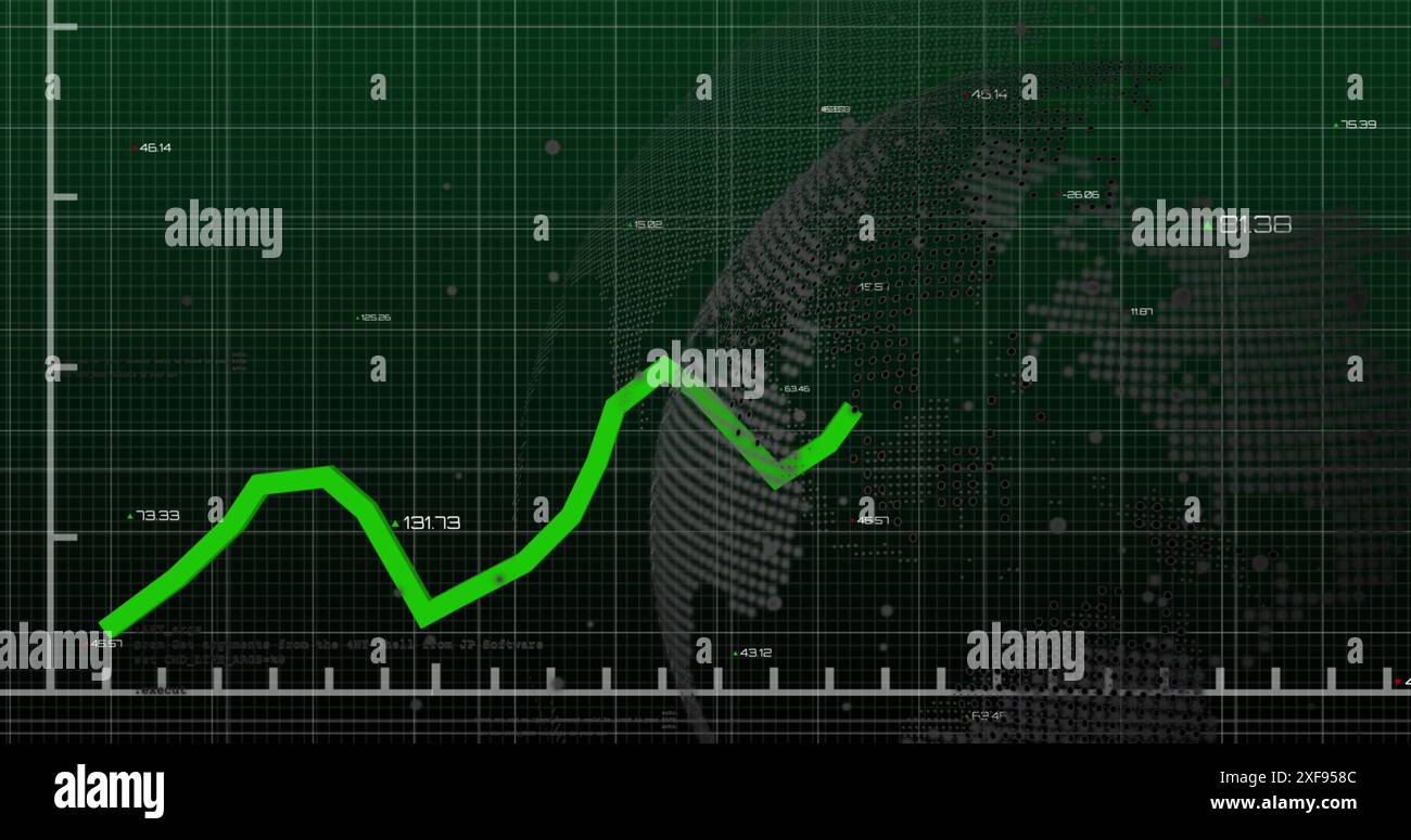Abbildung von Diagrammen mit wechselnden Zahlen über Computersprache und Globus auf abstraktem Hintergrund Stockfoto