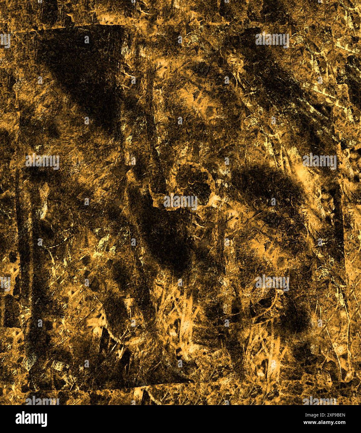 Abstraktes Kunstwerk mit dunkler strukturierter Oberfläche in goldenen und schwarzen Farben und komplizierten Mustern Stockfoto