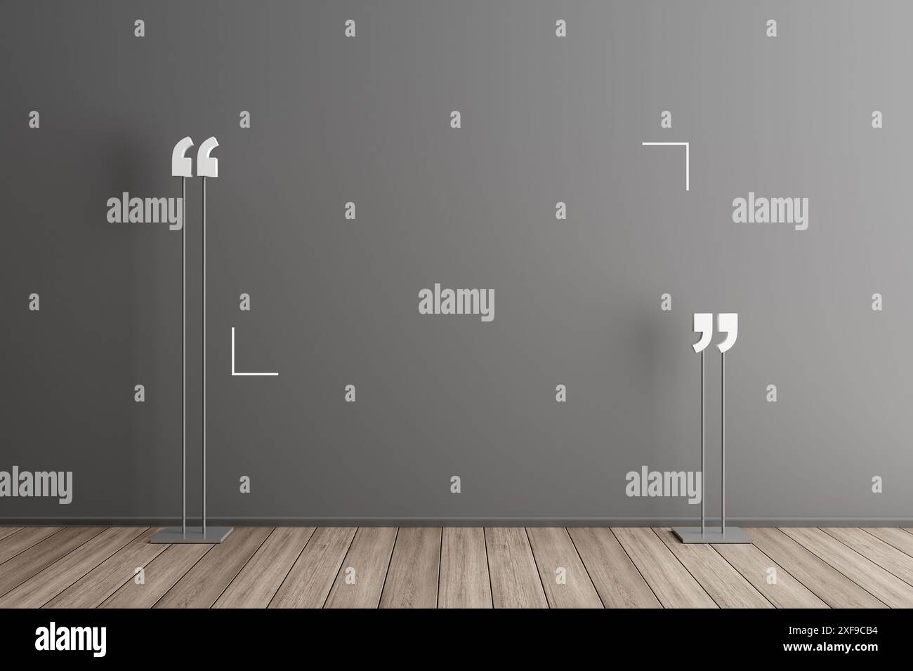 Leerer Raum mit Anführungszeichen, die auf ein Gespräch oder einen Gedankenaustausch hinweisen. Kopierbereich für die Textplatzierung. 3D-Rendering. Stockfoto