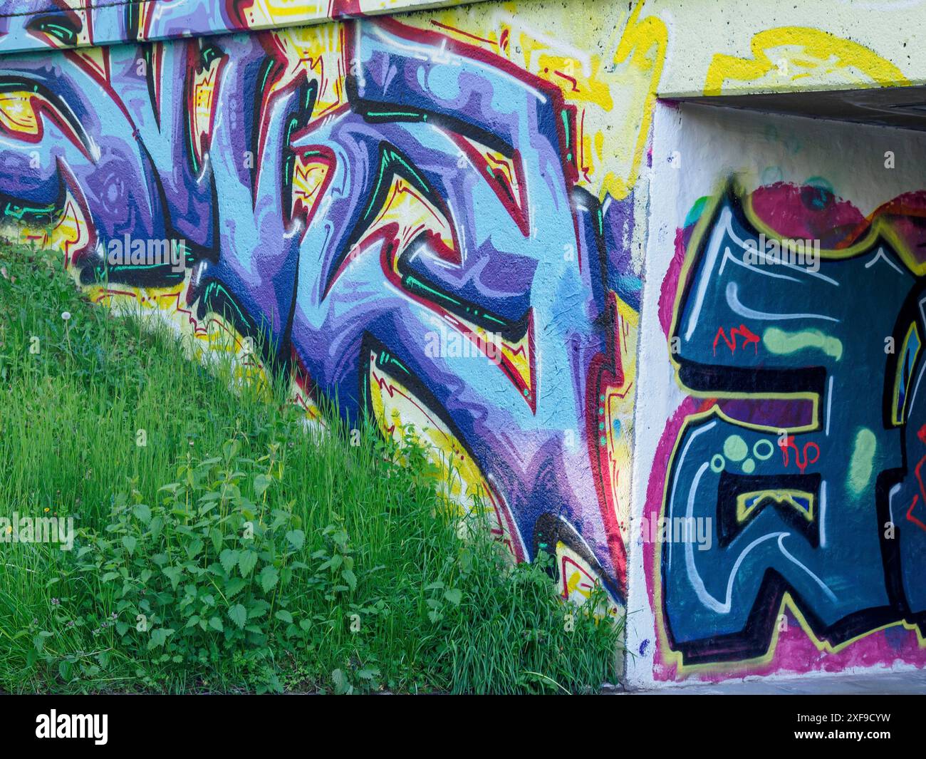 Graffiti an einer Betonmauer in einer U-Bahn, umgeben von frischem Grün und Wiese, trier, deutschland Stockfoto