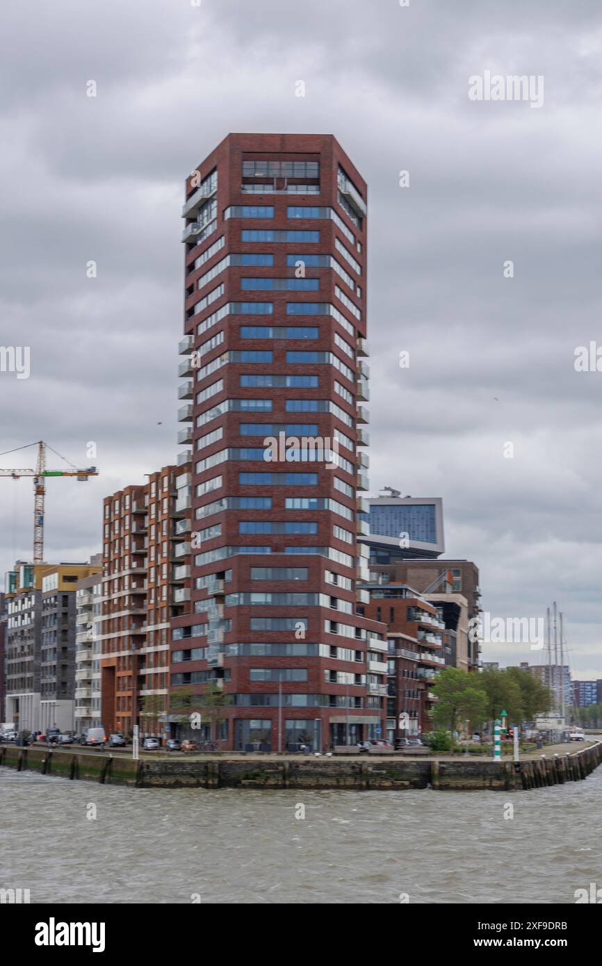 Hoher moderner Wohnblock an einem bewölkten Tag mit benachbarten kleineren Gebäuden und Baukränen im Hintergrund, rotterdam, niederlande Stockfoto