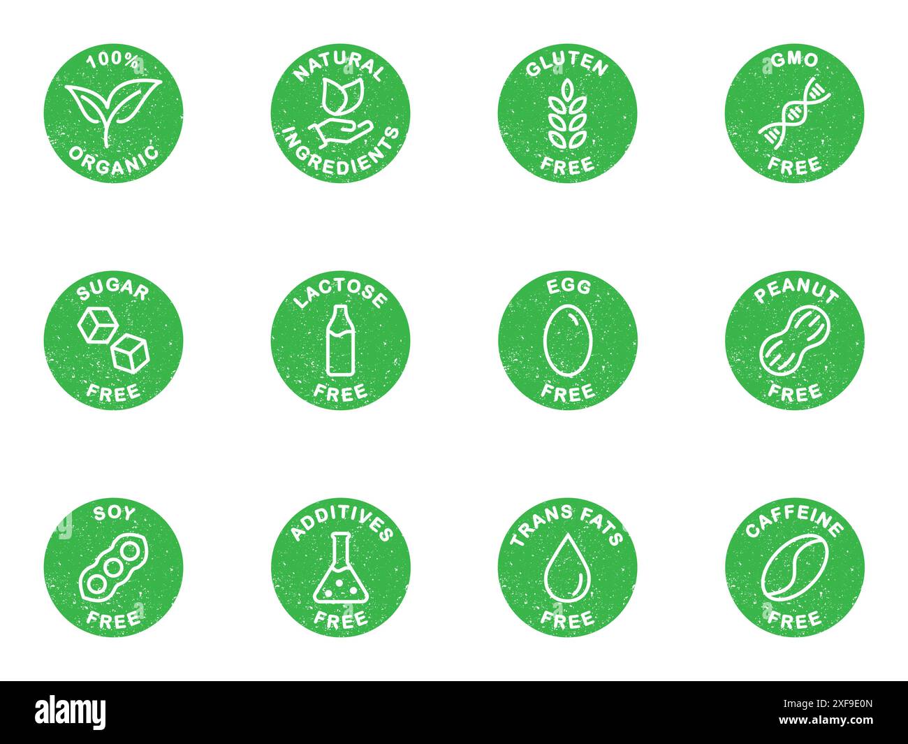 Allergenfreie Symbole eingestellt. Häufige Allergene. Symbole für Allergene in der Ernährung. Grunge Textur grün. Illustration des flachen Vektors. Stock Vektor