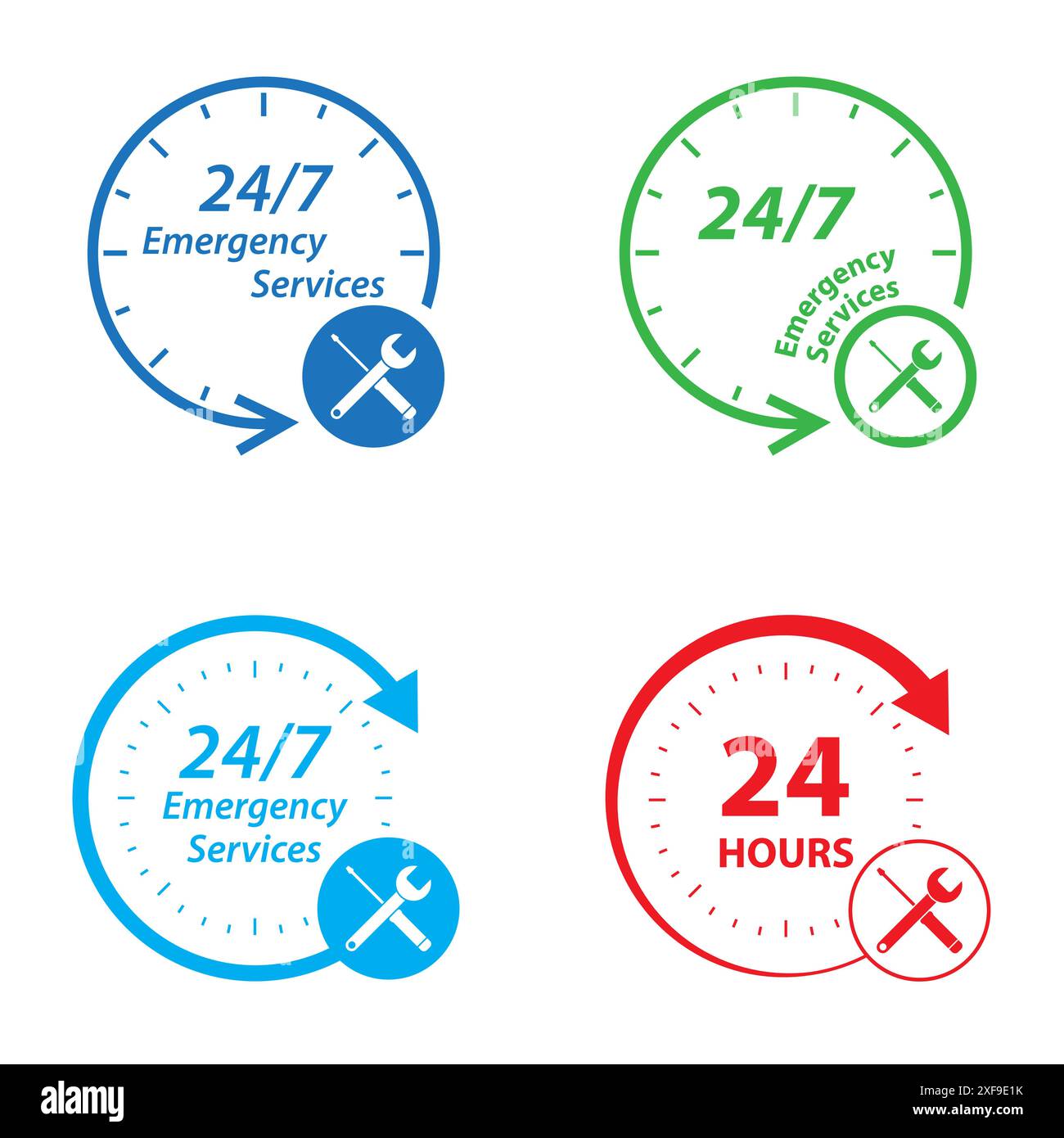 Notrufdienste 24-Stunden-Symbolsatz. Logo für Uhr, Schraubendreher und Schraubenschlüssel. Abzeichen, Zeit, Kunde, offen, Unterstützung, Lieferung. Illustration des abgewickelten Vektors. Stock Vektor