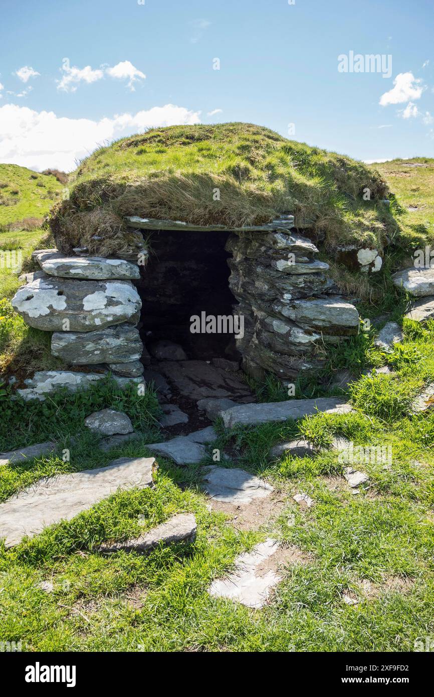 Steingrab mit grasbedecktem Dach, eingebettet in grüne Natur, haugesund, norwegen Stockfoto