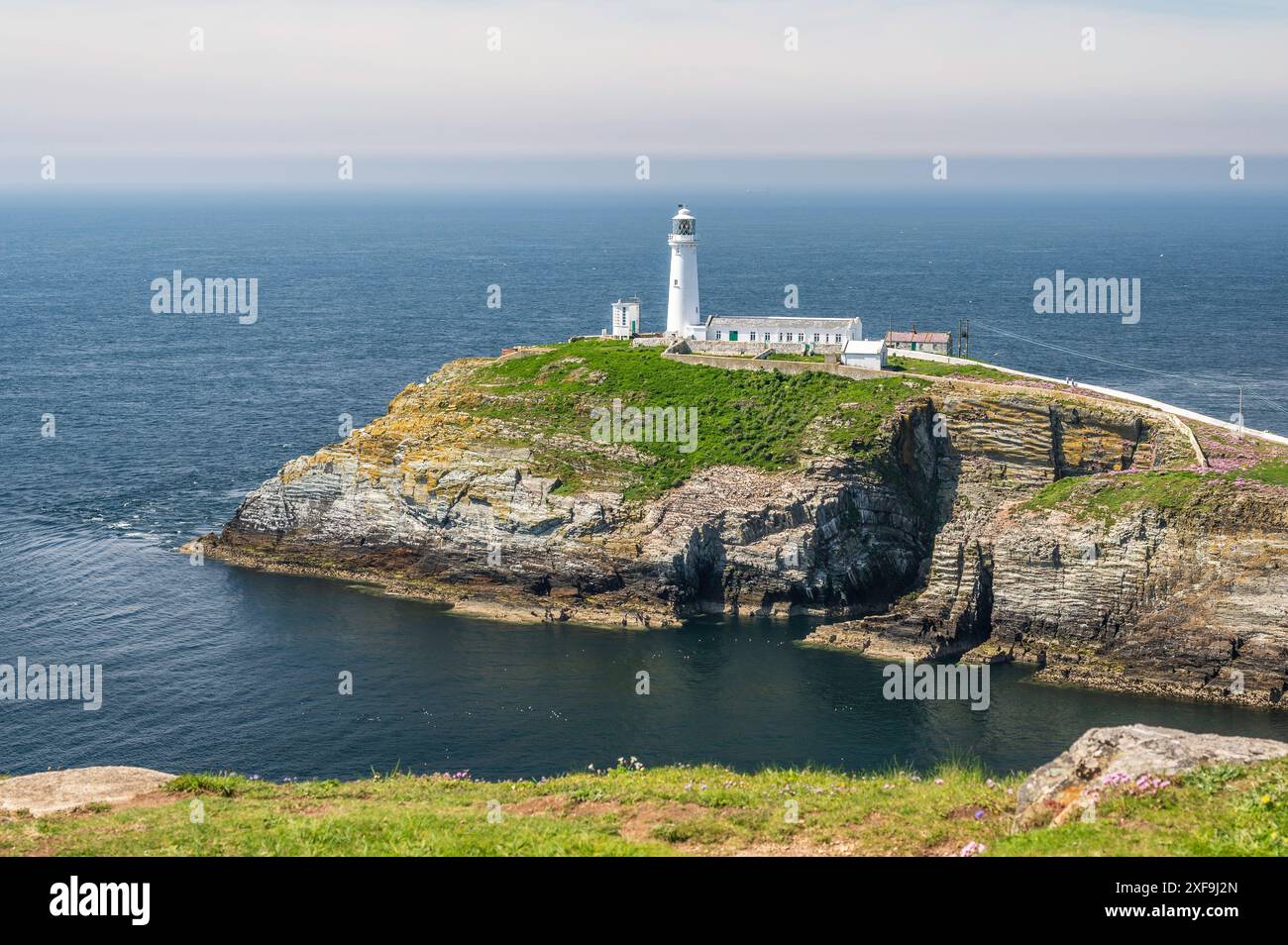 Leuchtturm South Stack, auf Anglesey, Nordwales. Der Leuchtturm befindet sich auf einer kleinen Insel direkt vor dem Festland Stockfoto