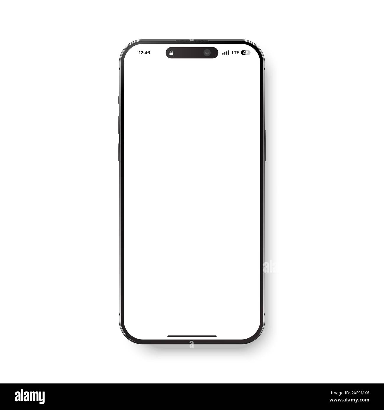 Smartphone-Modell der 15. Generation mit leerem weißen Bildschirm. Mobiltelefon isoliert auf weiß. Vorderansicht. Realistische Vektordarstellung. Stock Vektor