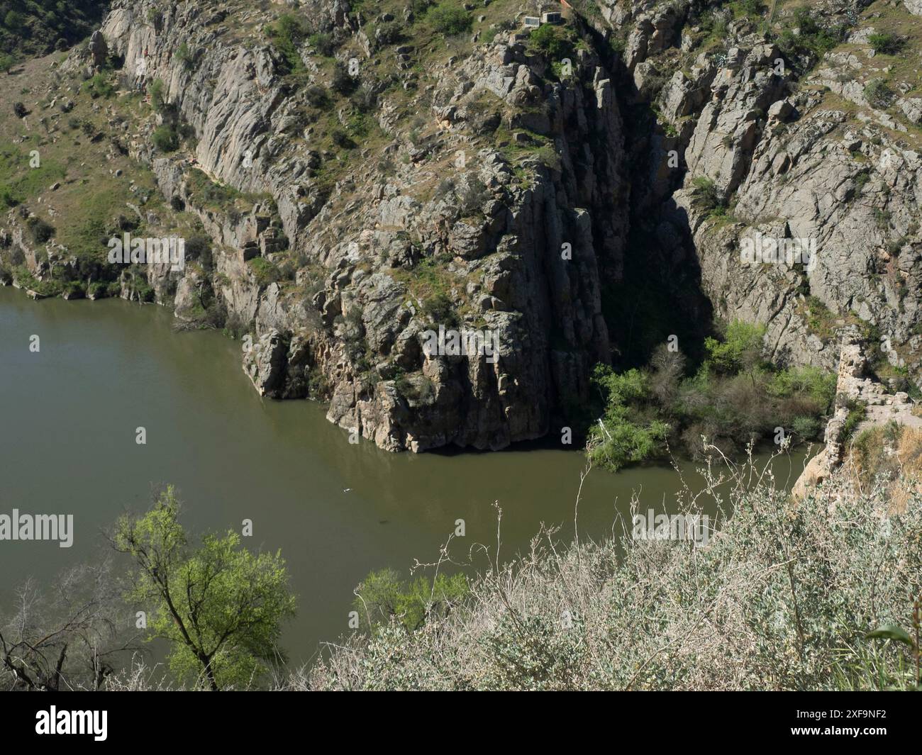 Tiefe Schlucht mit steilen Klippen und einem Fluss, der durch das Tal fließt, toledo, spanien Stockfoto