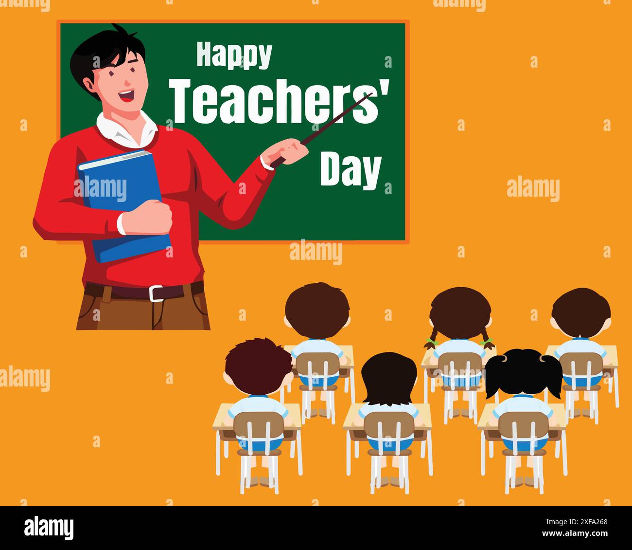 Alles Gute zum Lehrertag. Lehrer und Schüler im Klassenzimmer. Happy Teacher's Day Konzept Vektor Illustration Hintergrund. Stock Vektor