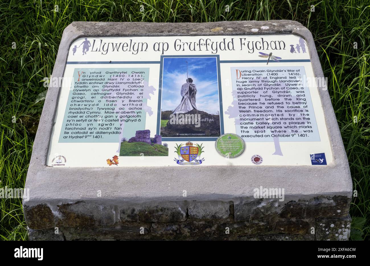 Historische Informationstafel für Touristen/Besucher in Llandovery, Carmarthenshire, Wales, Großbritannien Stockfoto