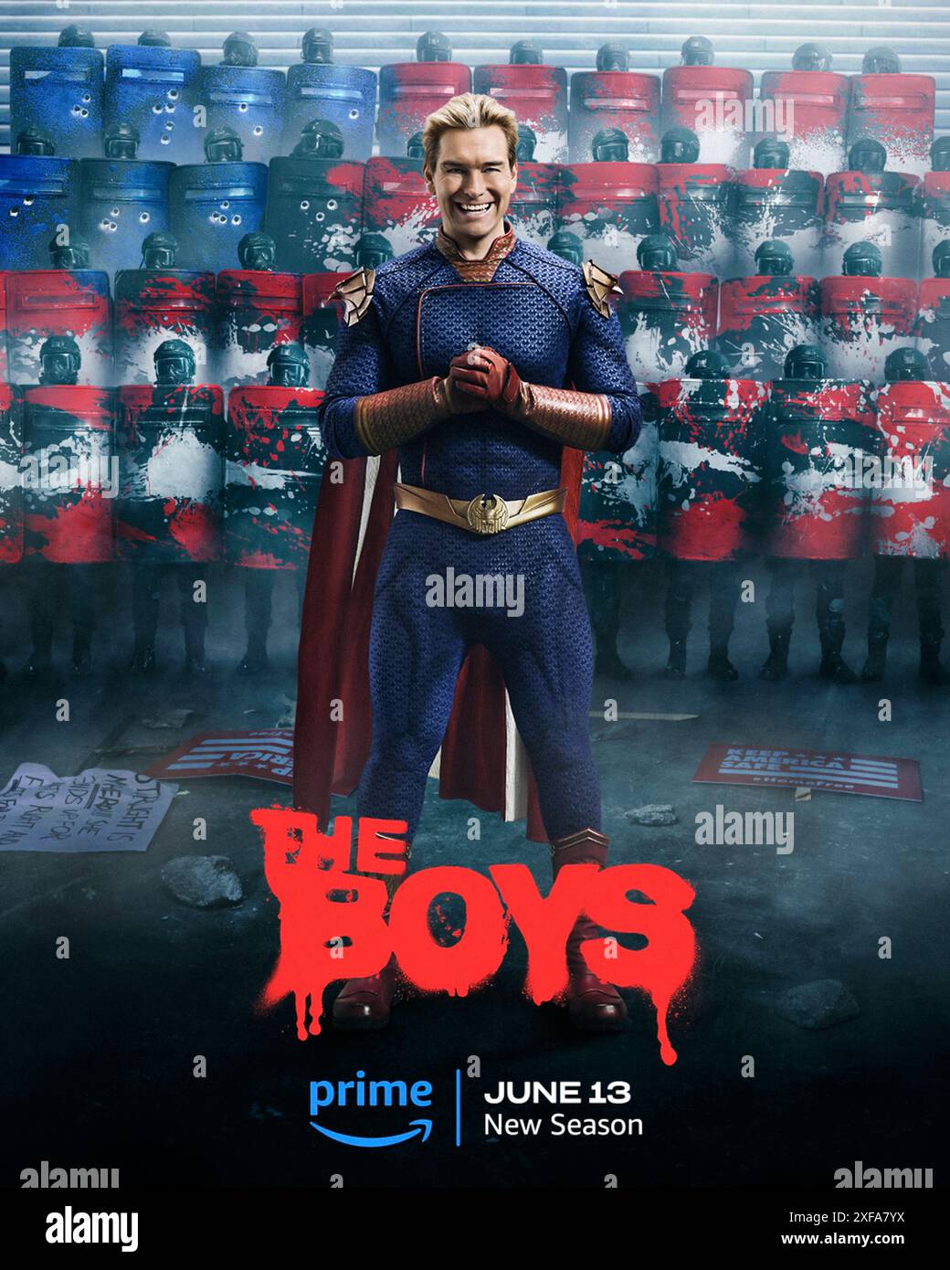 The Boys (2024) von Eric Kripke kreierte TV-Serie mit Karl Urban, Jack Quaid und Antony Starr in den Hauptrollen. Eine Gruppe von Selbstjustizlern wollte korrupte Superhelden töten, die ihre Superkräfte missbrauchen. Werbeplakat für Staffel 4 ***NUR REDAKTIONELLE VERWENDUNG***. Kredit: BFA/Amazon Prime Video Stockfoto