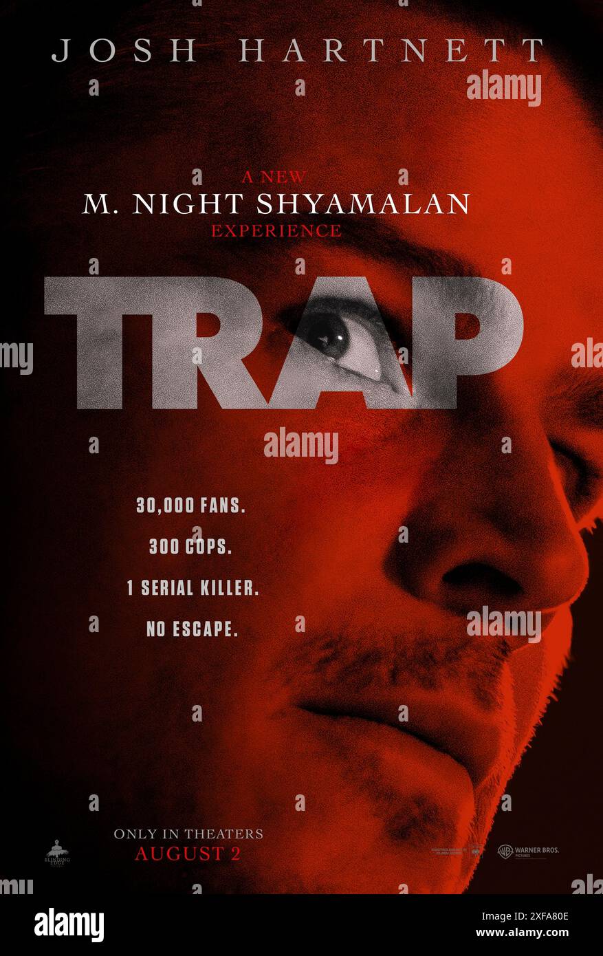 Trap (2024) von M. Night Shyamalan mit Josh Hartnett, Hayley Mills und Alison Pill. Ein Vater und seine Teenager-Tochter besuchen ein Popkonzert, nur um zu erkennen, dass sie in den Mittelpunkt eines dunklen und finsteren Ereignisses gekommen sind. US Advance Poster ***NUR FÜR REDAKTIONELLE ZWECKE***. Quelle: BFA / Warner Bros Stockfoto