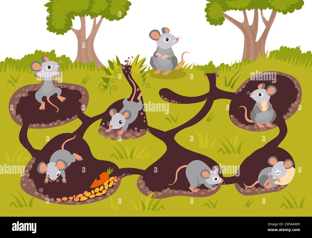 Mäuse in Höhlen. Zeichentricktiere im Loch, verbunden durch unterirdische Gänge. Niedliche Nagetiere schlafen, essen und graben Boden. Wilde Natur. Waldwesen. Ratten Stock Vektor