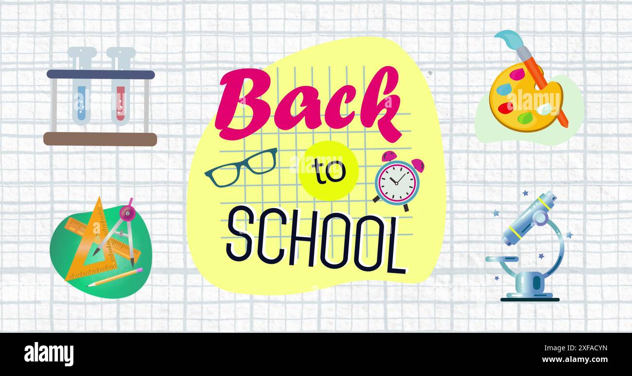 Bild von Schultext- und Wissenschaftskonzepten-Symbolen vor quadratisch gestrichenem Papierhintergrund Stockfoto