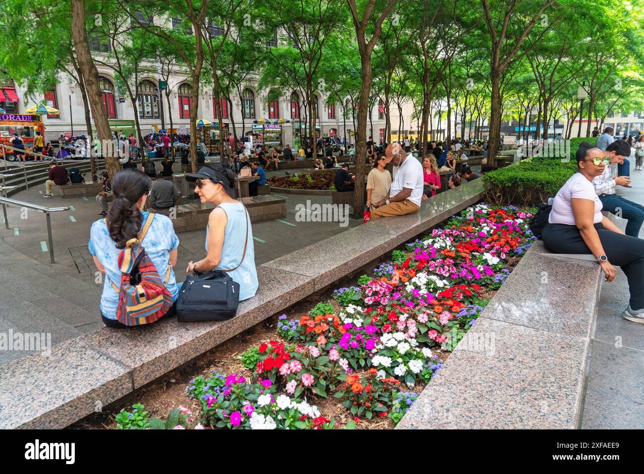 Der Zuccotti Park in Lower Manhattan war am späten Morgen eines schönen Tages Anfang Juni voll. Stockfoto