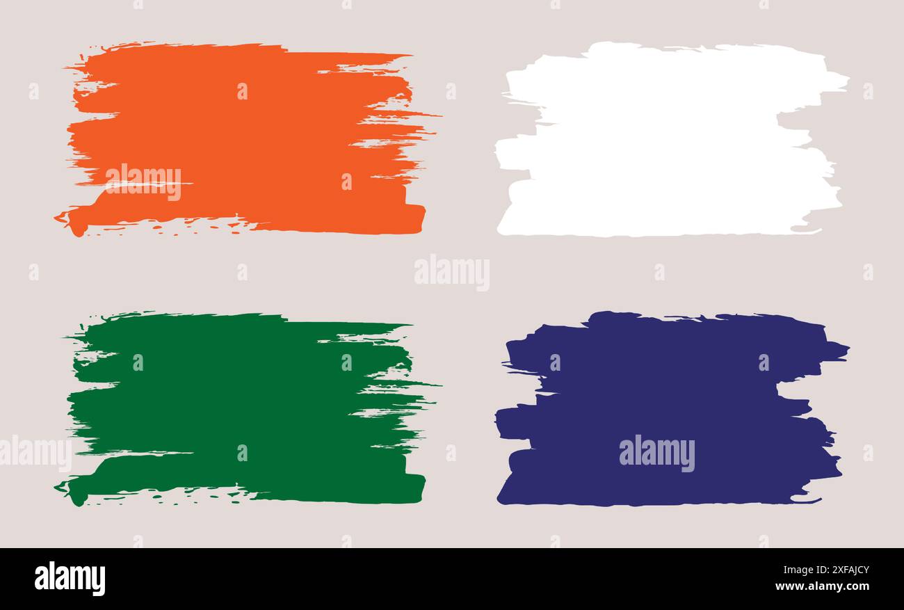 Dieser Vektor mit vier leuchtenden Pinselstrichen in Orange, weiß, Grün und Lila auf einem schicken Hintergrund in zweifarbigem Grau verleiht Ihrem Design neue Akzente. Perfekt für Stock Vektor