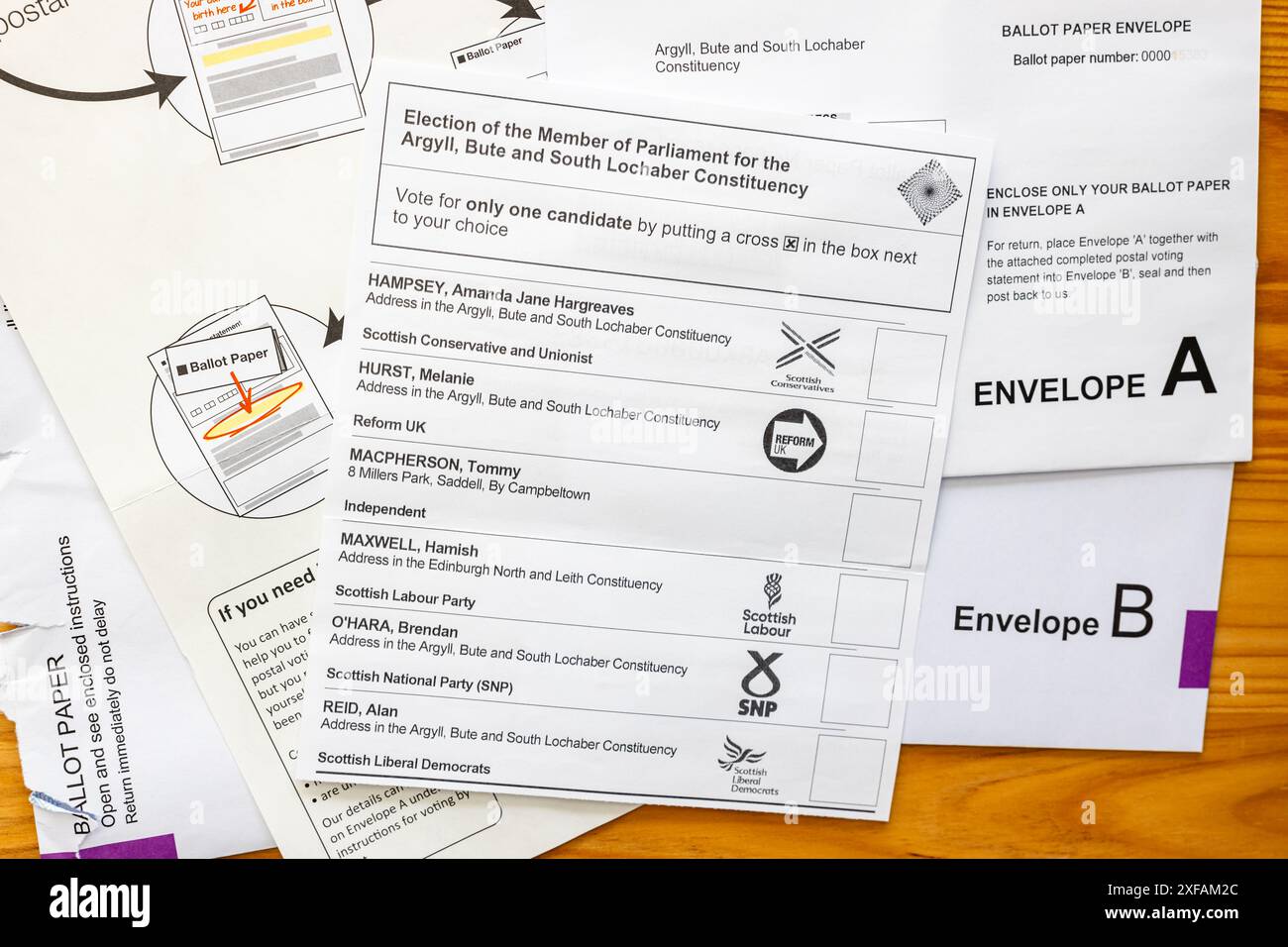 Postalische Stimmerklärung oder Stimmzettel für Argyll, Bute und South Lochaber für die Parlamentswahlen im Vereinigten Königreich Stockfoto